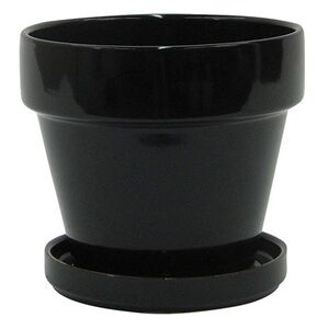 Glazed Black Ceramic Pot with Attached Saucer